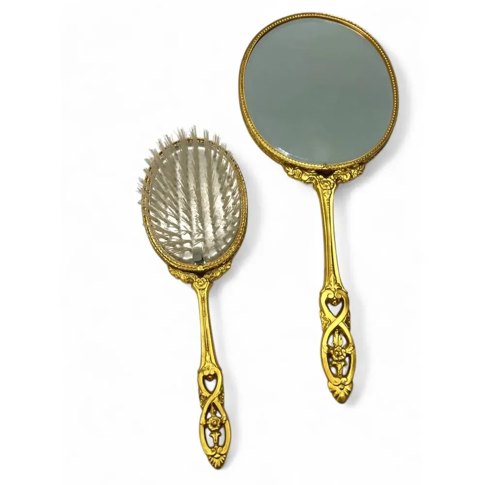 Antique Vintage Brush Mirror Set Hollywood Regency Gold Vanity Decor Dresser